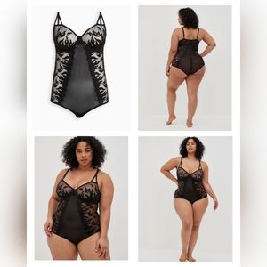 Torrid Plus Size Black Sheer Underwire Bodysuit w/ Embroidered Flames, 5X